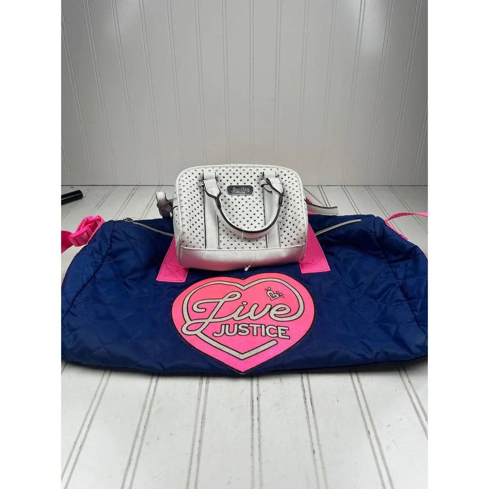 Justice White Star Crossbody Purse and Blue Pink Duffle Travel Bag Girls